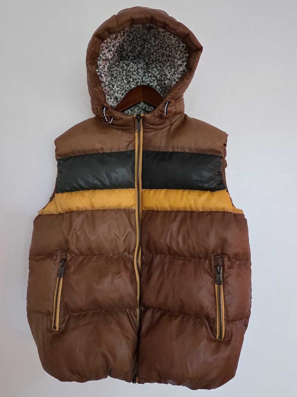 Rivet De Cru Mens XL Colorblock Puffer Vest Retro 70s Surf Ski Y2KHood Jacket